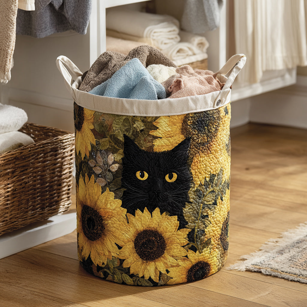 Sunflower Black Cat Quilted Laundry Basket
